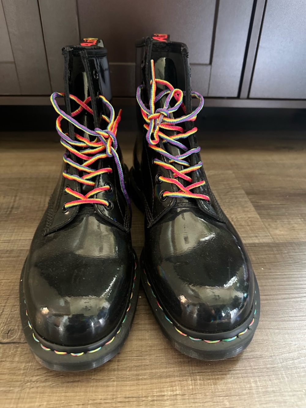 Dr. Martens Black Patent Ankle Boots with Rainbow Laces